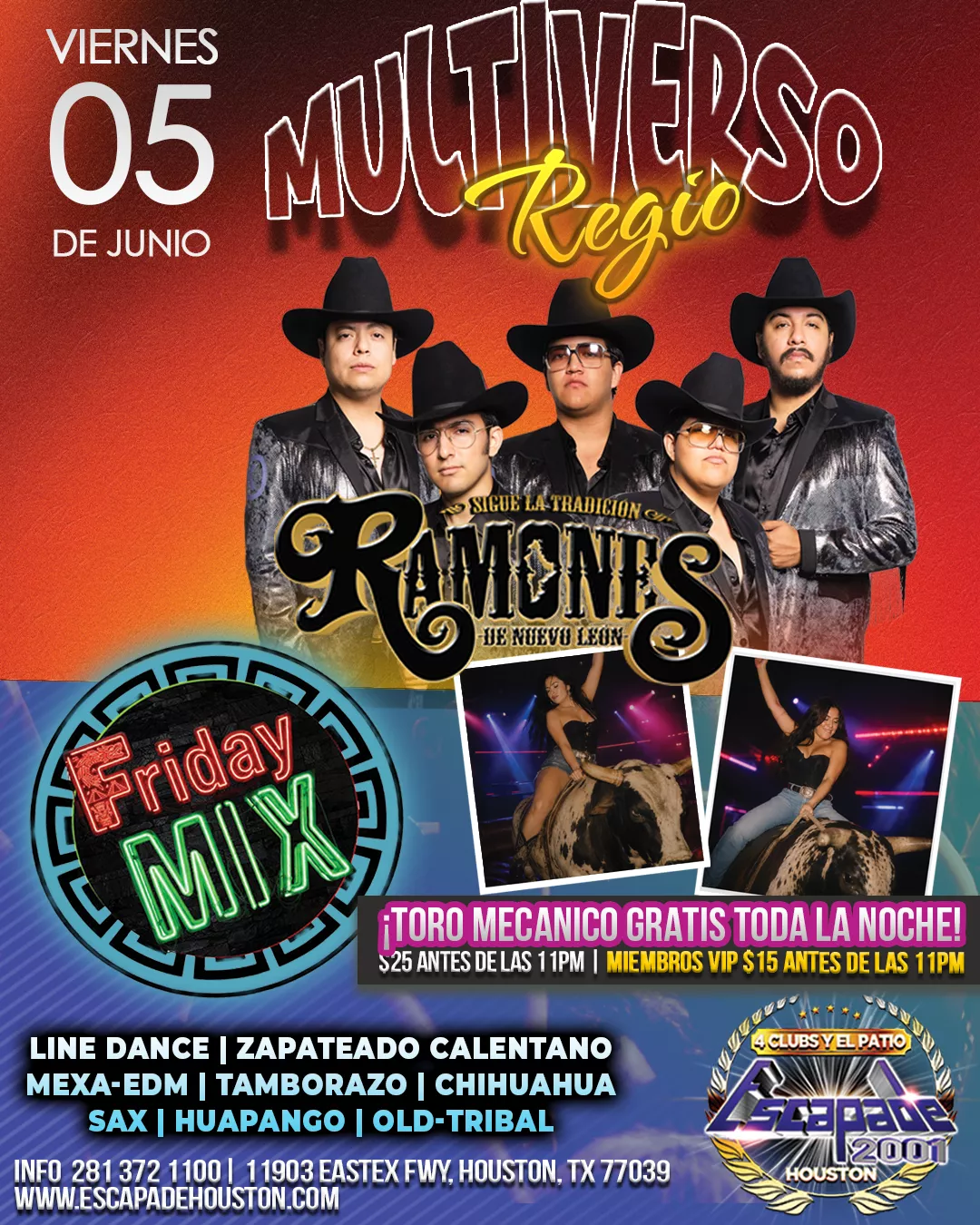 Evento de música en vivo con Ramones de Nuevo León, Friday Mix y toro mecánico gratis en Houston.