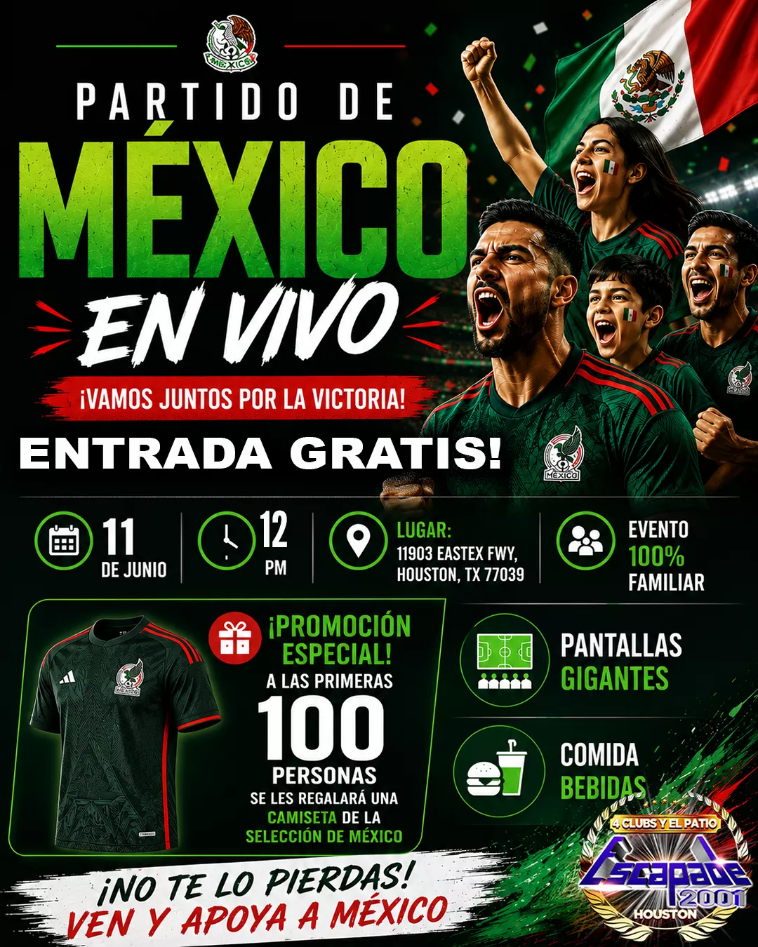 Poster con los primeros tres partidos de México en el Mundial 2026 para watch party familiar en Houston con pantallas gigantes.