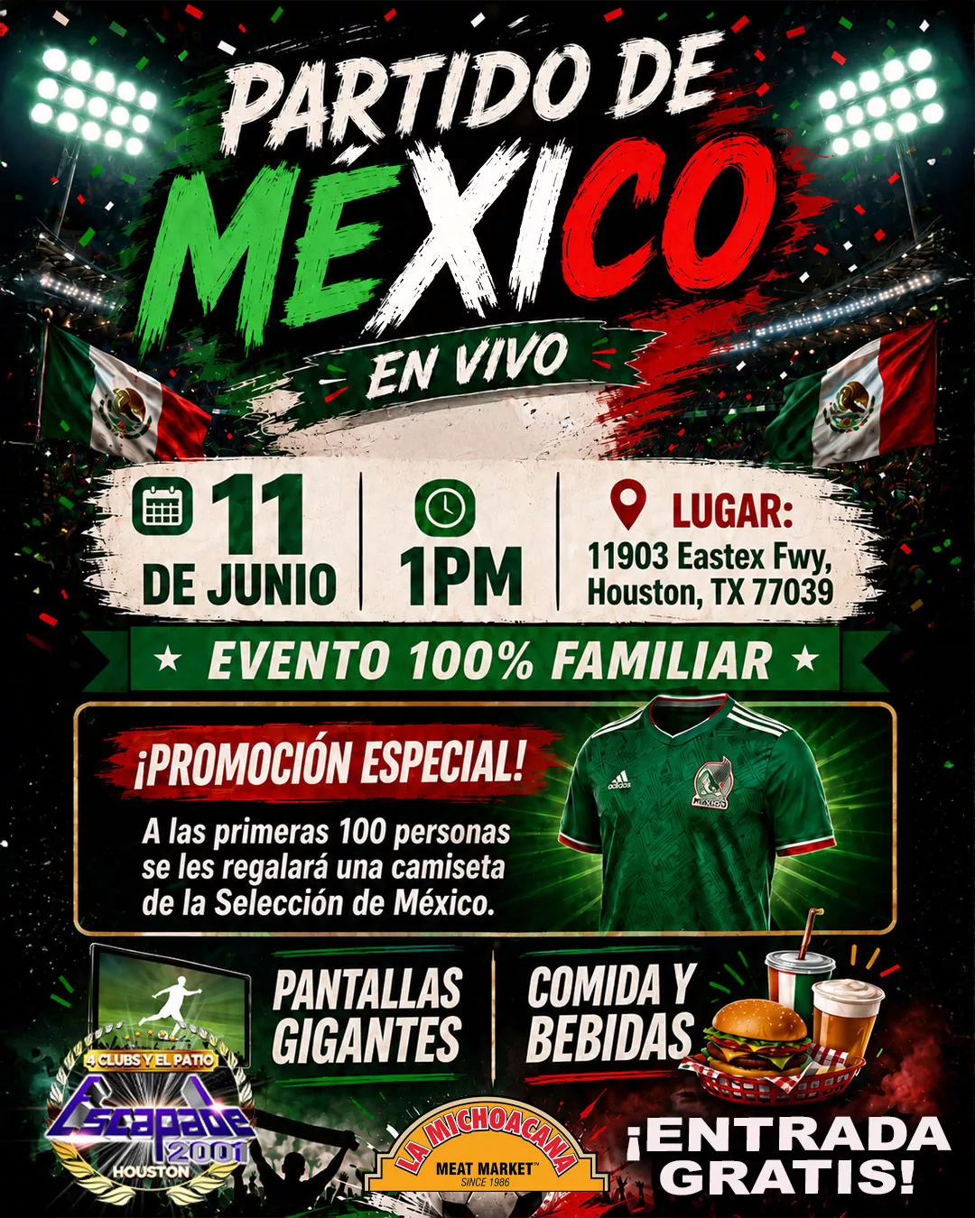 Poster con los primeros tres partidos de México en el Mundial 2026 para watch party familiar en Houston con pantallas gigantes.