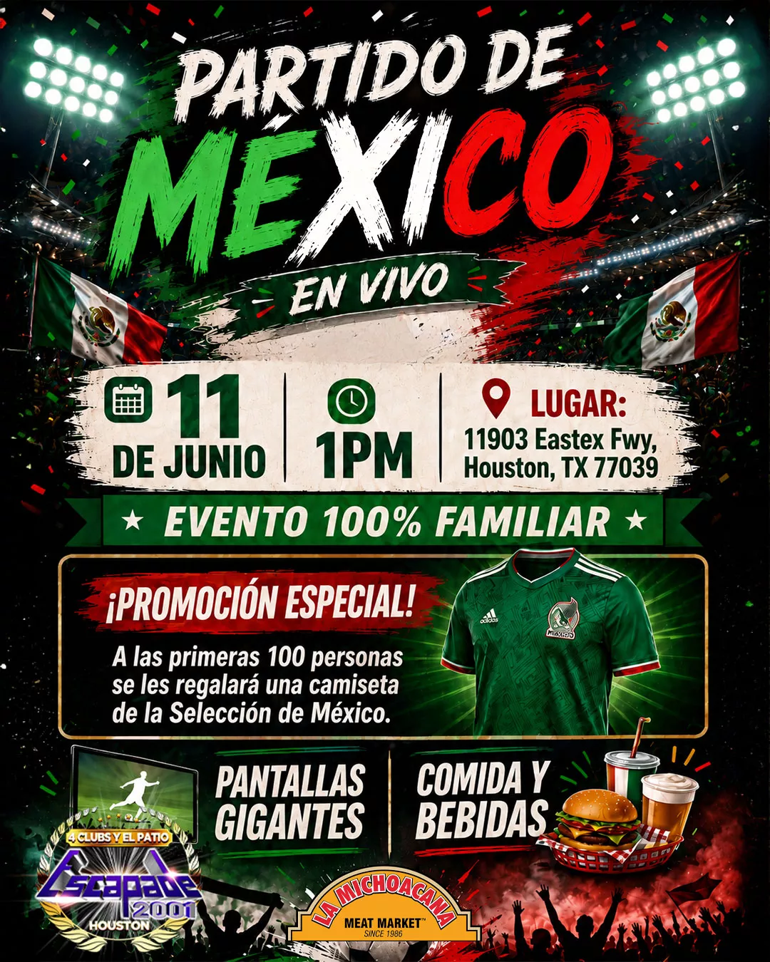 Poster con los primeros tres partidos de México en el Mundial 2026 para watch party familiar en Houston con pantallas gigantes.