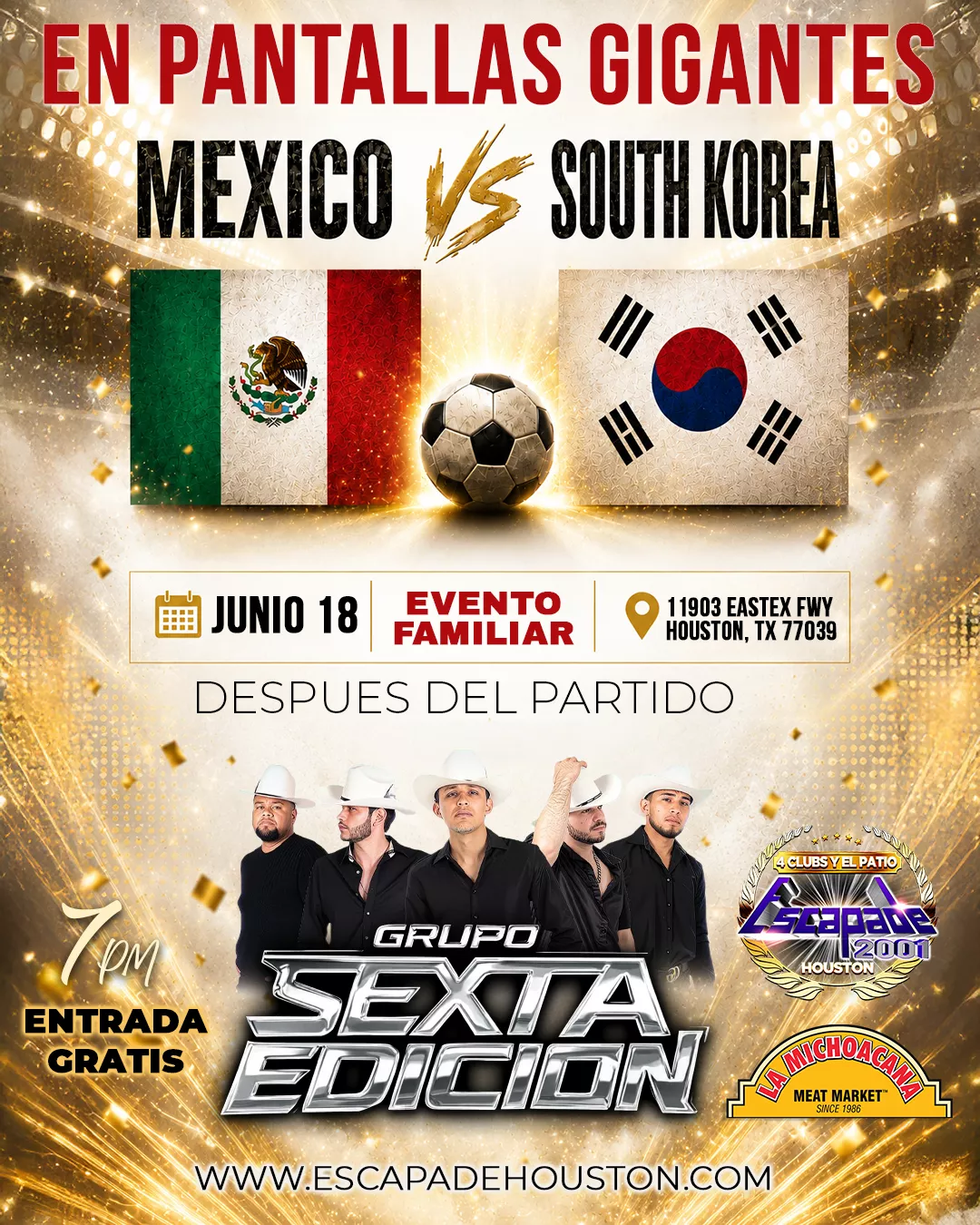 Evento familiar para ver México vs Corea del Sur en vivo en pantalla gigante en Houston con entrada gratis y reservaciones de mesa.