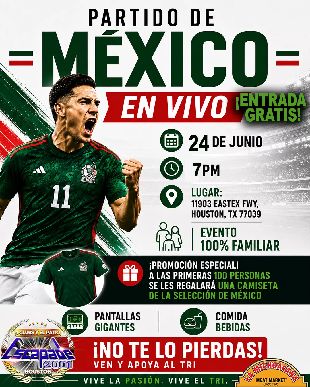Evento familiar para ver México vs República Checa en vivo en pantalla gigante en Houston con entrada gratis y reservaciones de mesa.