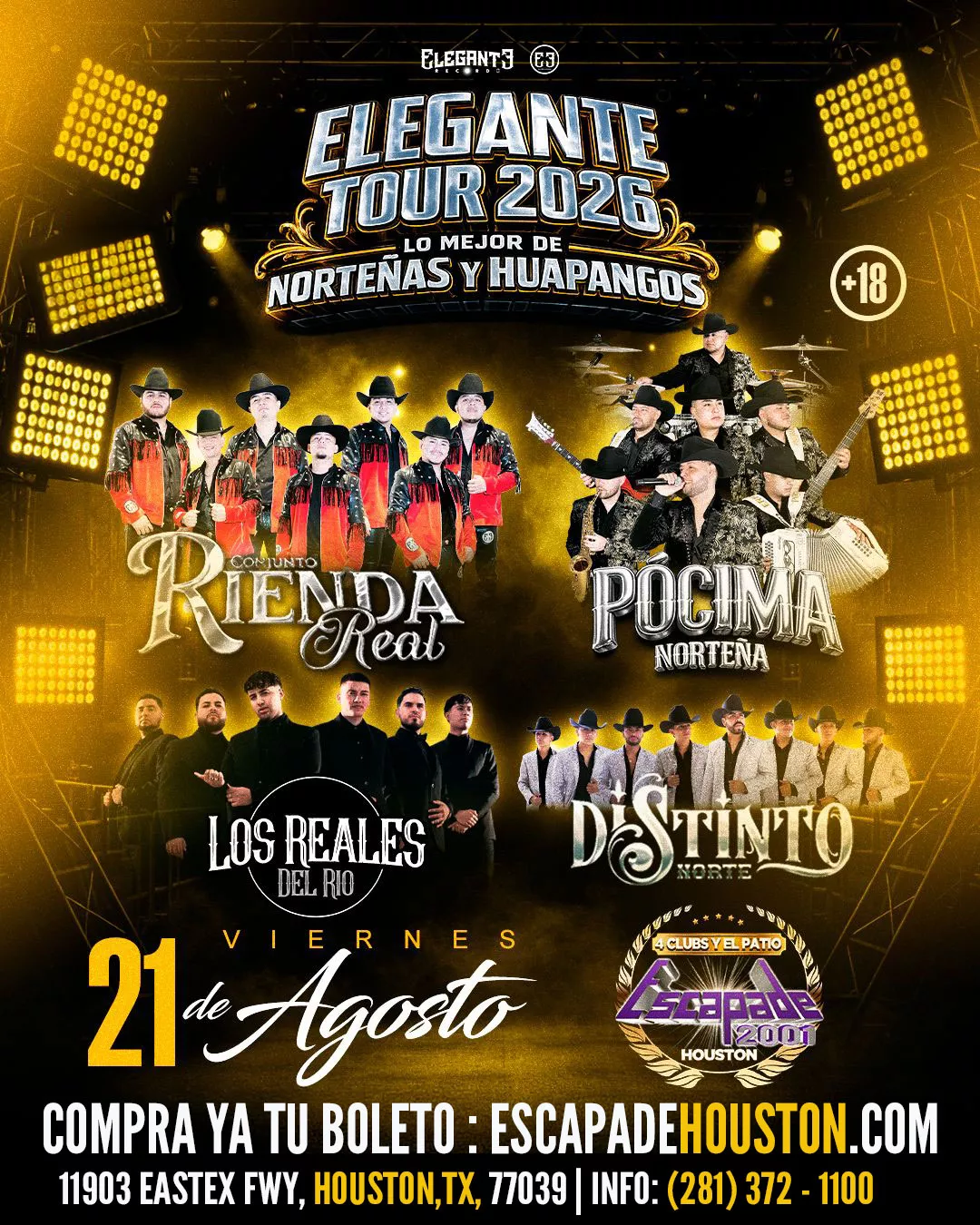 Evento de música regional en vivo con Conjunto Rienda Real, Pócima Norteña, Los Reales de Río y Distinto Norte en Houston.