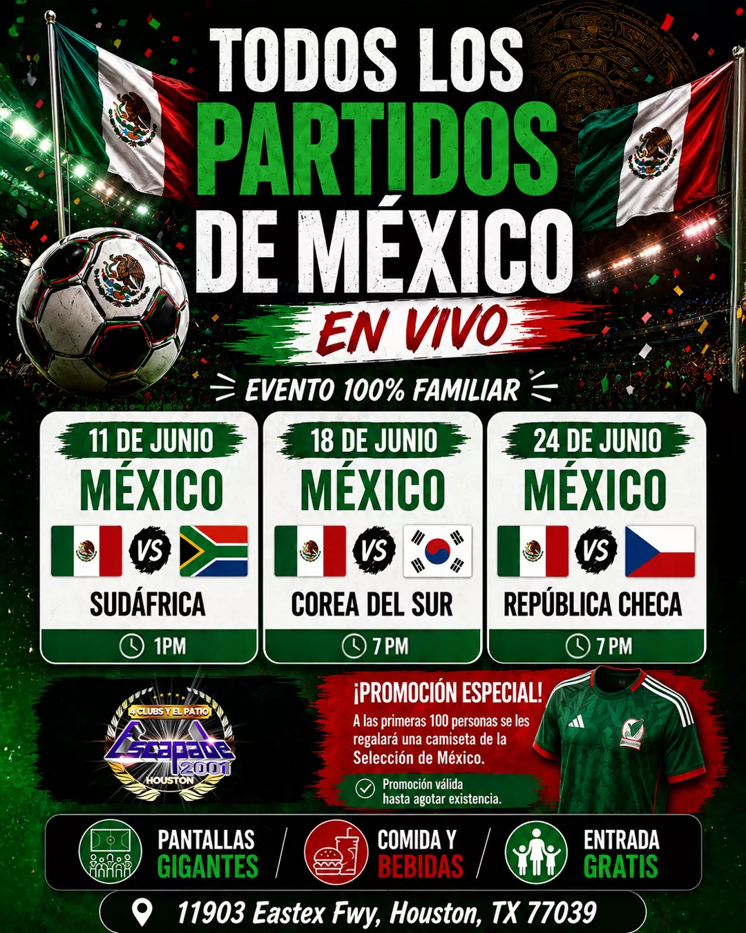 Poster con los primeros tres partidos de México en el Mundial 2026 para watch party familiar en Houston con pantallas gigantes.