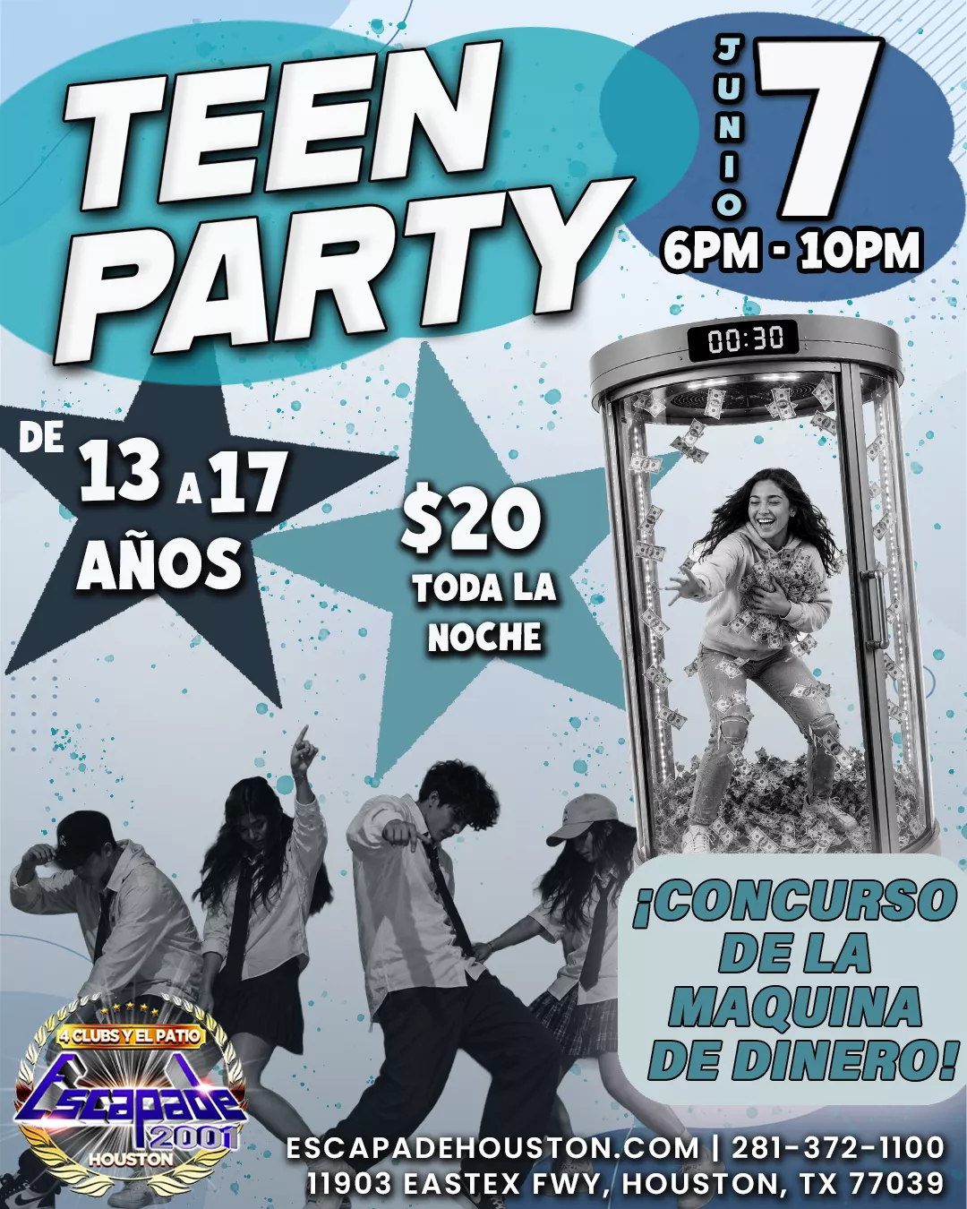 Evento Teen Party para jóvenes de 13 a 17 años en Houston con concurso de máquina de dinero.