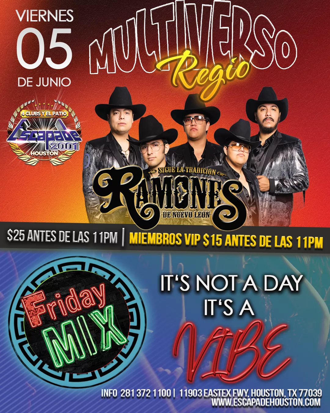 Evento de música en vivo con Ramones de Nuevo León, Friday Mix y toro mecánico gratis en Houston.