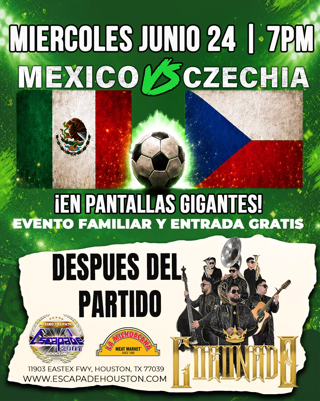 Evento familiar para ver México vs República Checa en vivo en pantalla gigante en Houston con entrada gratis y reservaciones de mesa.