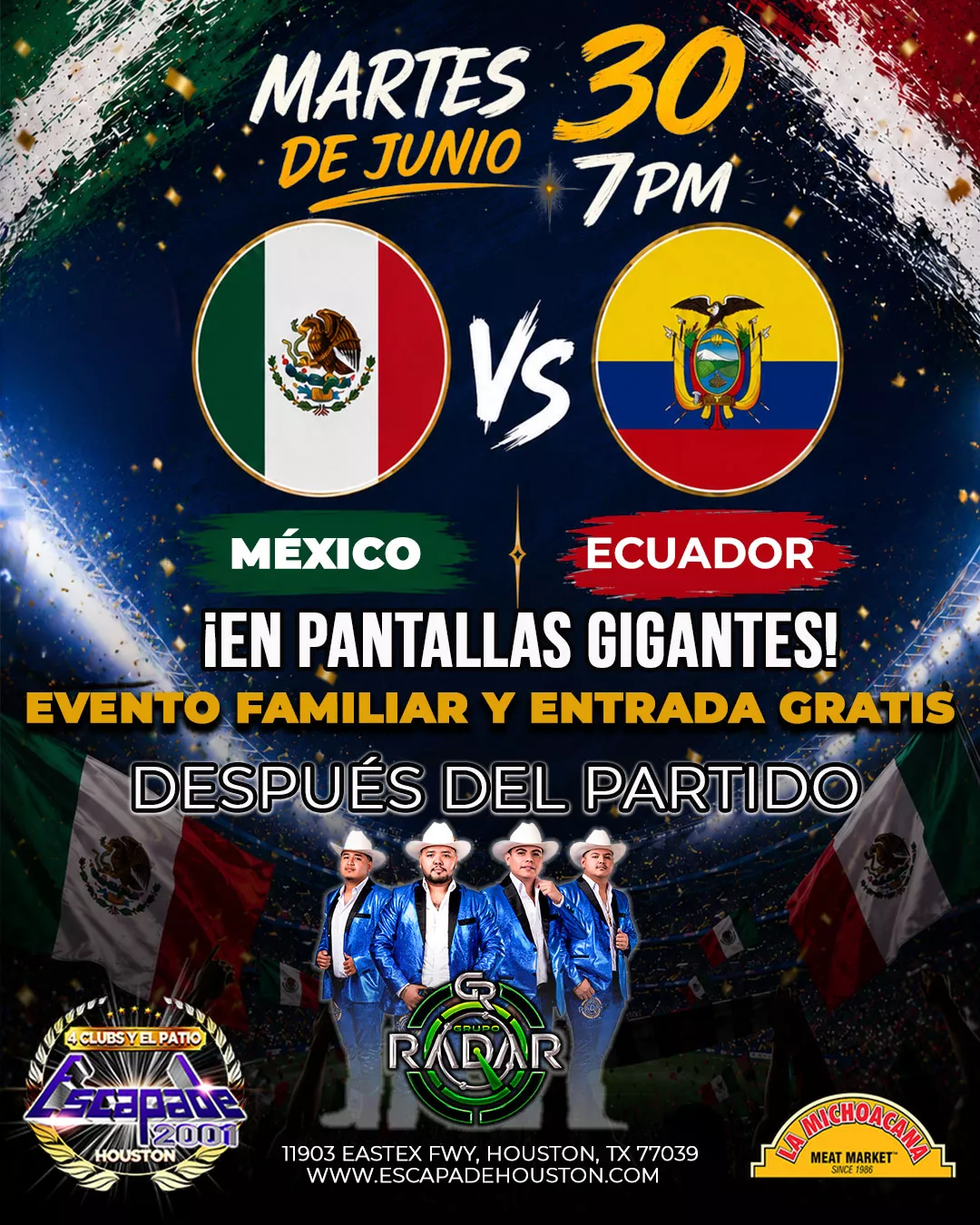 Evento familiar para ver el partido de México en vivo en Houston con pantallas gigantes, entrada gratis, estacionamiento gratis, comida, bebidas y reservaciones de mesa.