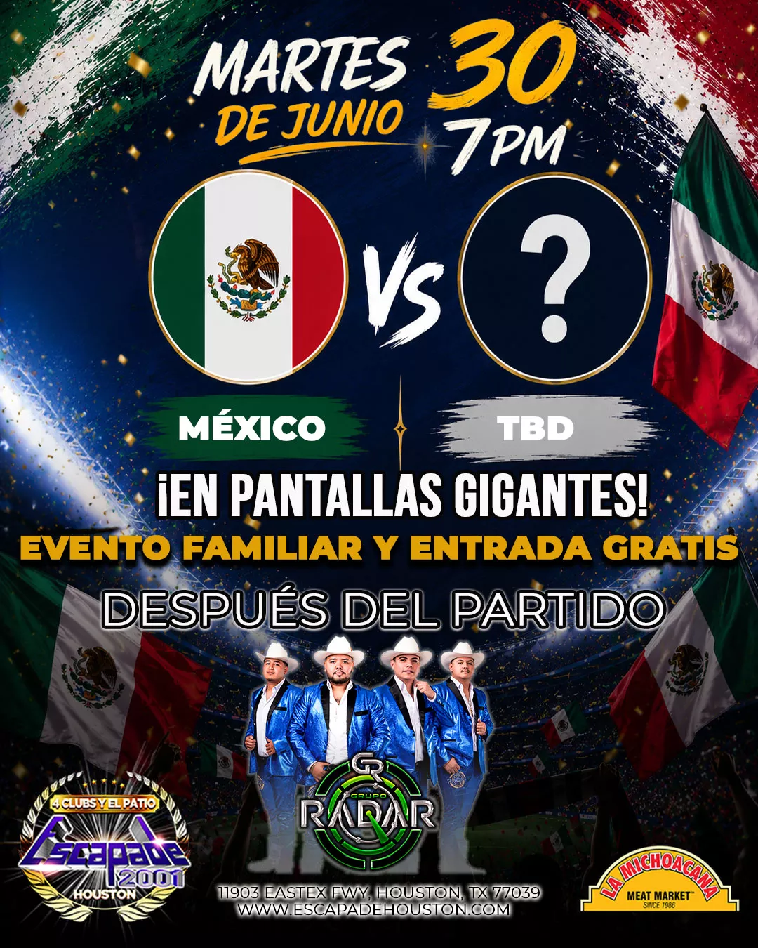 Evento familiar para ver el partido de México en vivo en Houston con pantallas gigantes, entrada gratis, estacionamiento gratis, comida, bebidas y reservaciones de mesa.