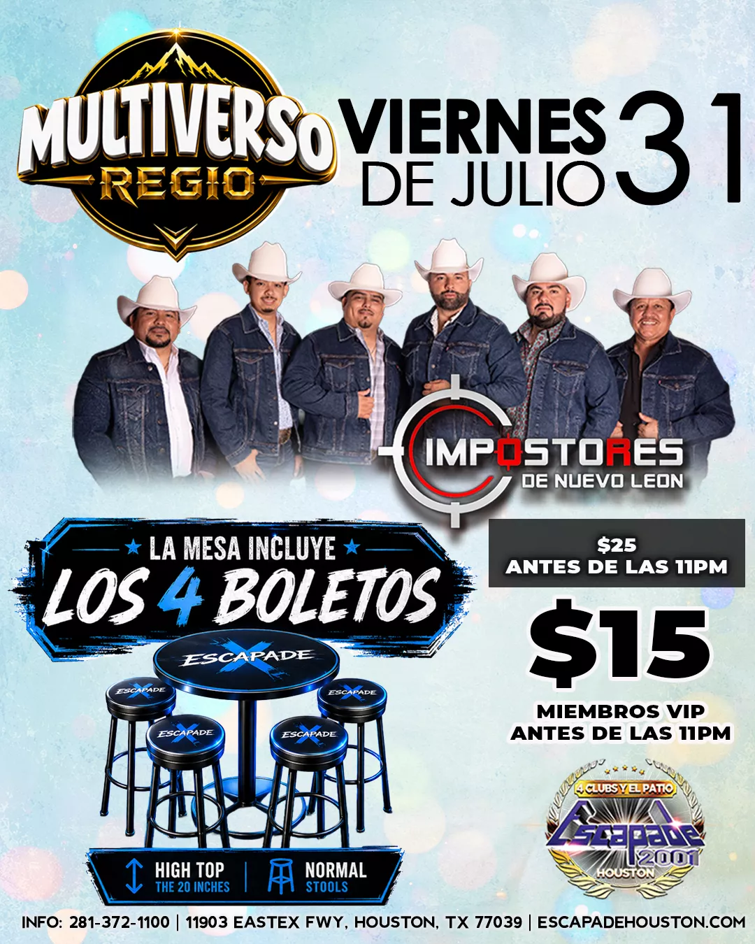 Evento Multiverso Regio en Houston con música en vivo de Impostores de Nuevo León, Friday Mix, toro mecánico gratis y reservaciones de mesa.