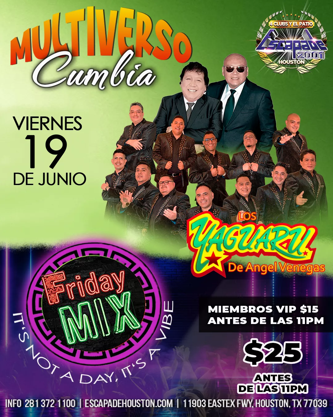 Evento Multiverso Cumbia con música en vivo de Los Yaguaru, Friday Mix y reservaciones de mesa en Houston.