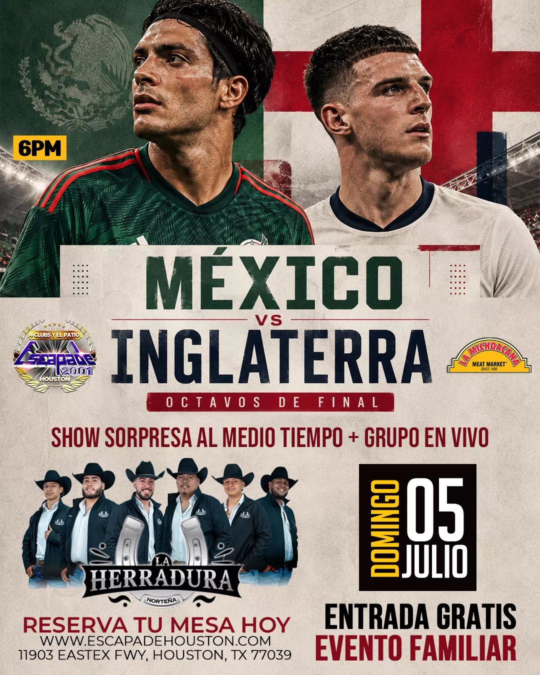 Evento familiar para ver el partido de México en octavos de final en vivo en Houston con pantallas gigantes, entrada gratis, niños permitidos, estacionamiento gratis y reservaciones de mesa.
