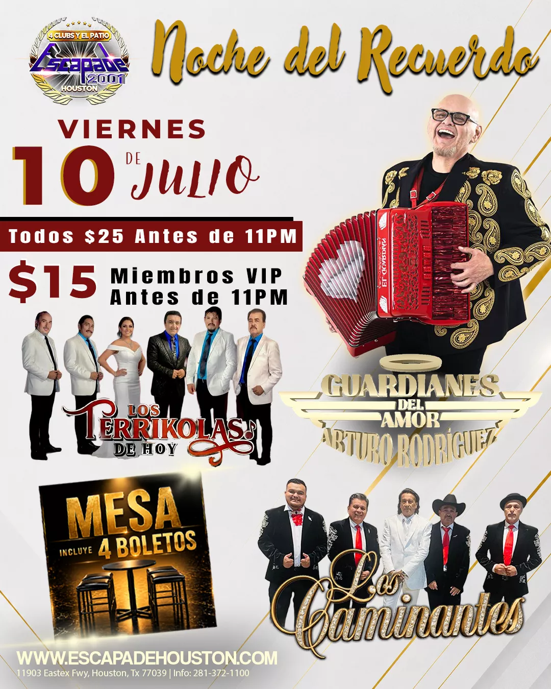 Evento de música en vivo con Guardianes del Amor, Los Caminantes y Los Terríkolas de Hoy en Houston con reservaciones de mesa disponibles.
