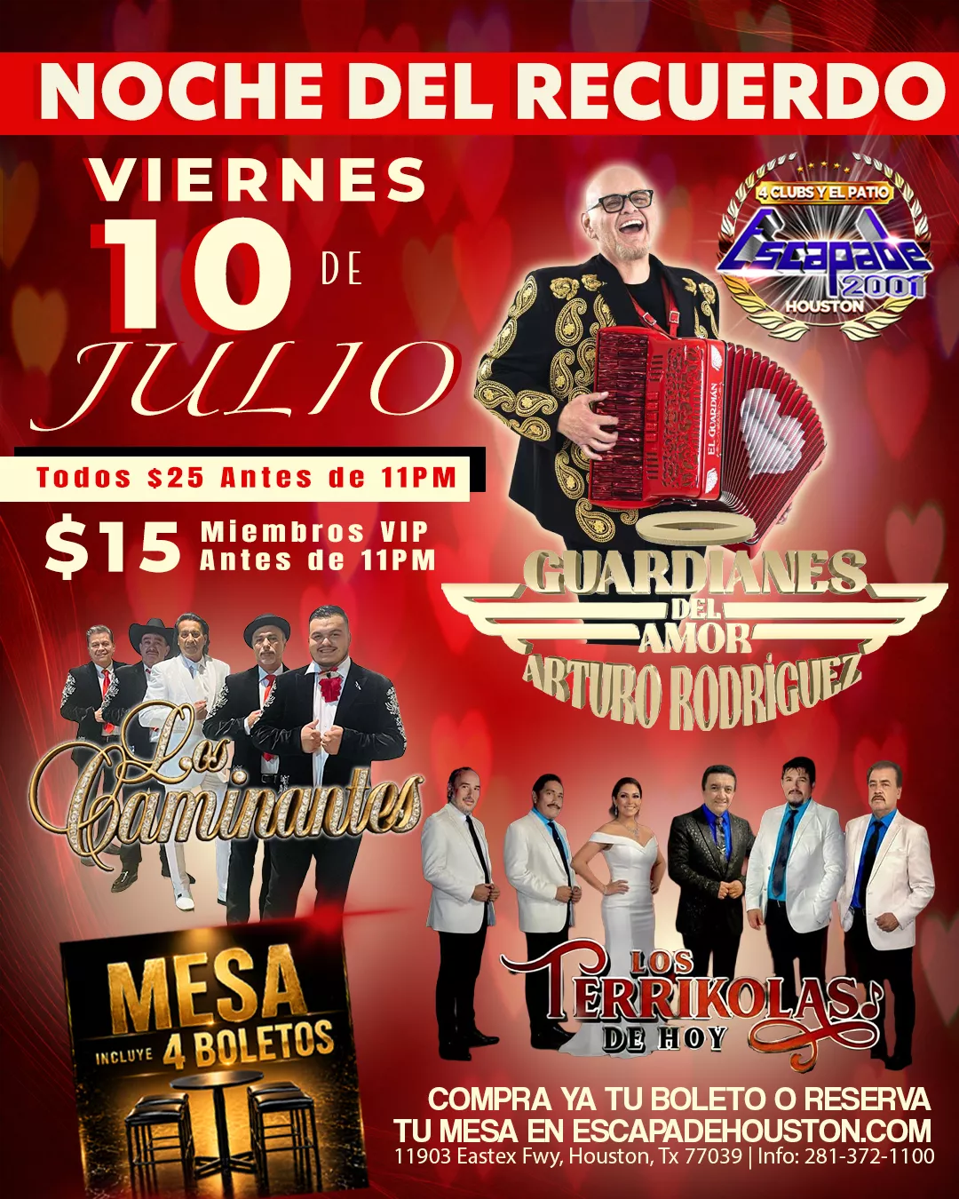 Evento de música en vivo con Guardianes del Amor, Los Caminantes y Los Terríkolas de Hoy en Houston con reservaciones de mesa disponibles.
