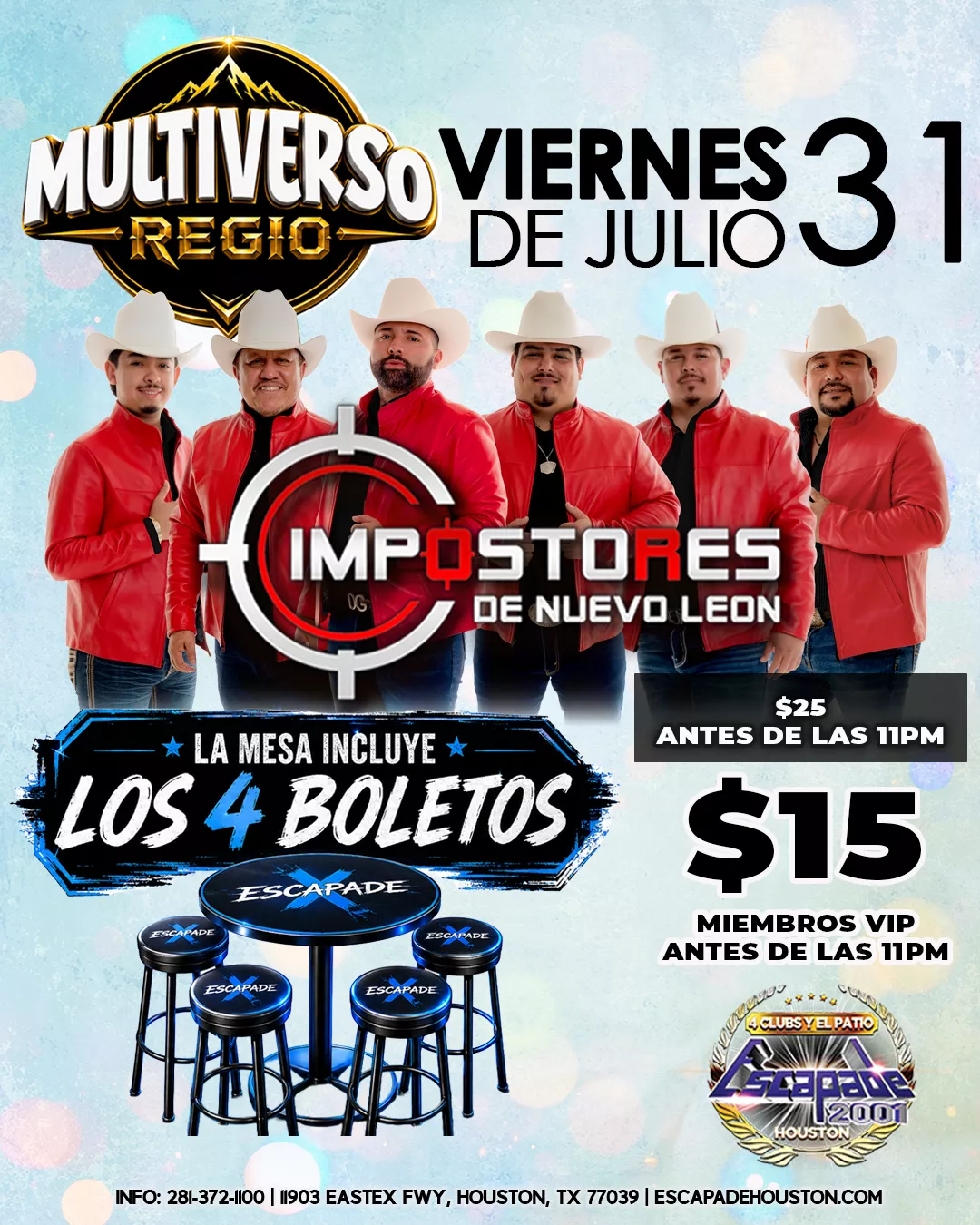 Evento Multiverso Regio en Houston con música en vivo de Impostores de Nuevo León, Friday Mix, toro mecánico gratis y reservaciones de mesa.