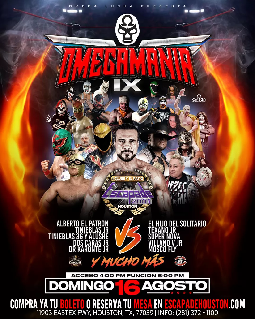 Evento familiar Omegamania IX en Houston con lucha libre en vivo, Alberto El Patrón, El Hijo del Solitario, Tinieblas Jr, Texano Jr, boletos y reservaciones de mesa disponibles.