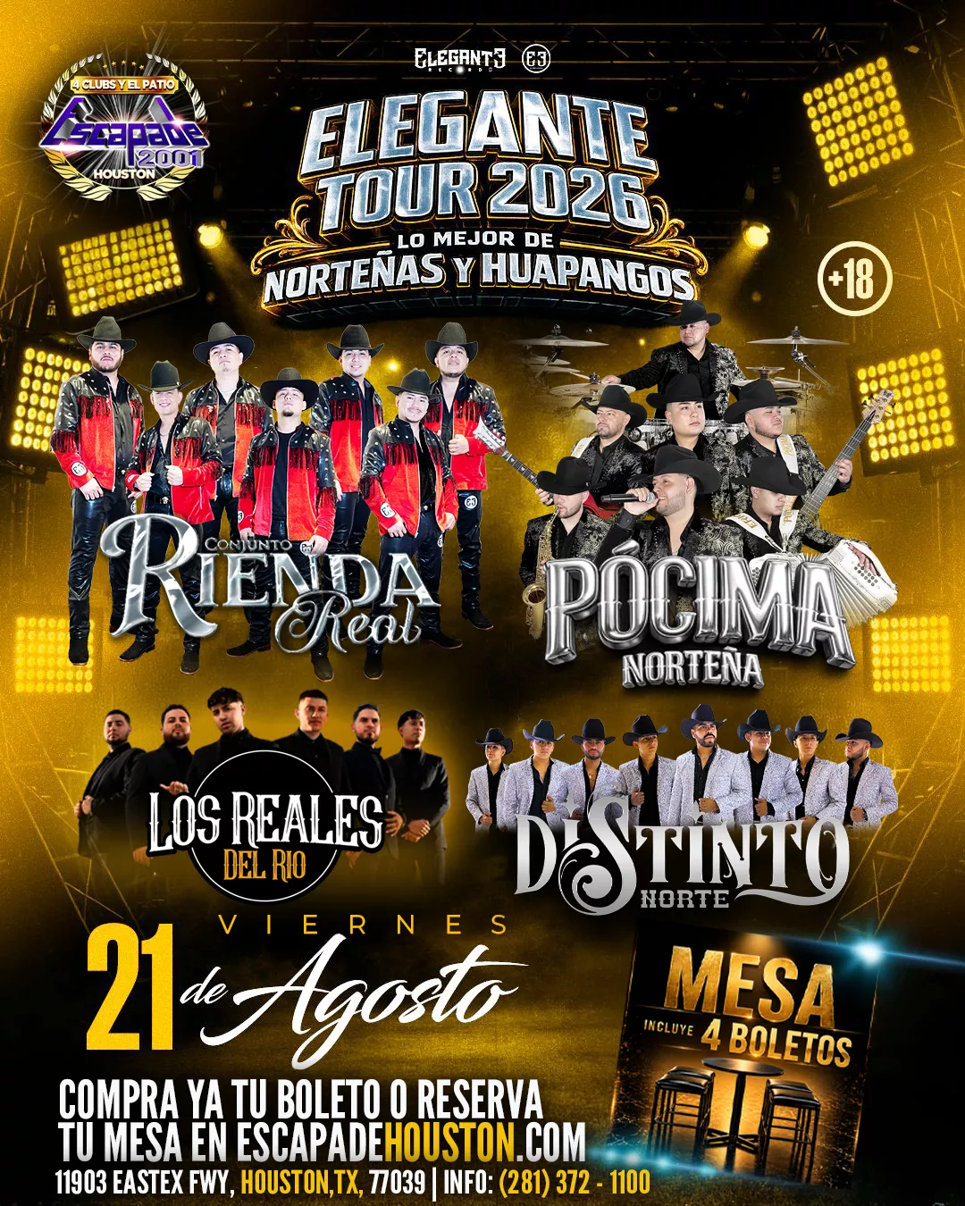 Evento de música regional en vivo con Conjunto Rienda Real, Pócima Norteña, Los Reales de Río y Distinto Norte en Houston.