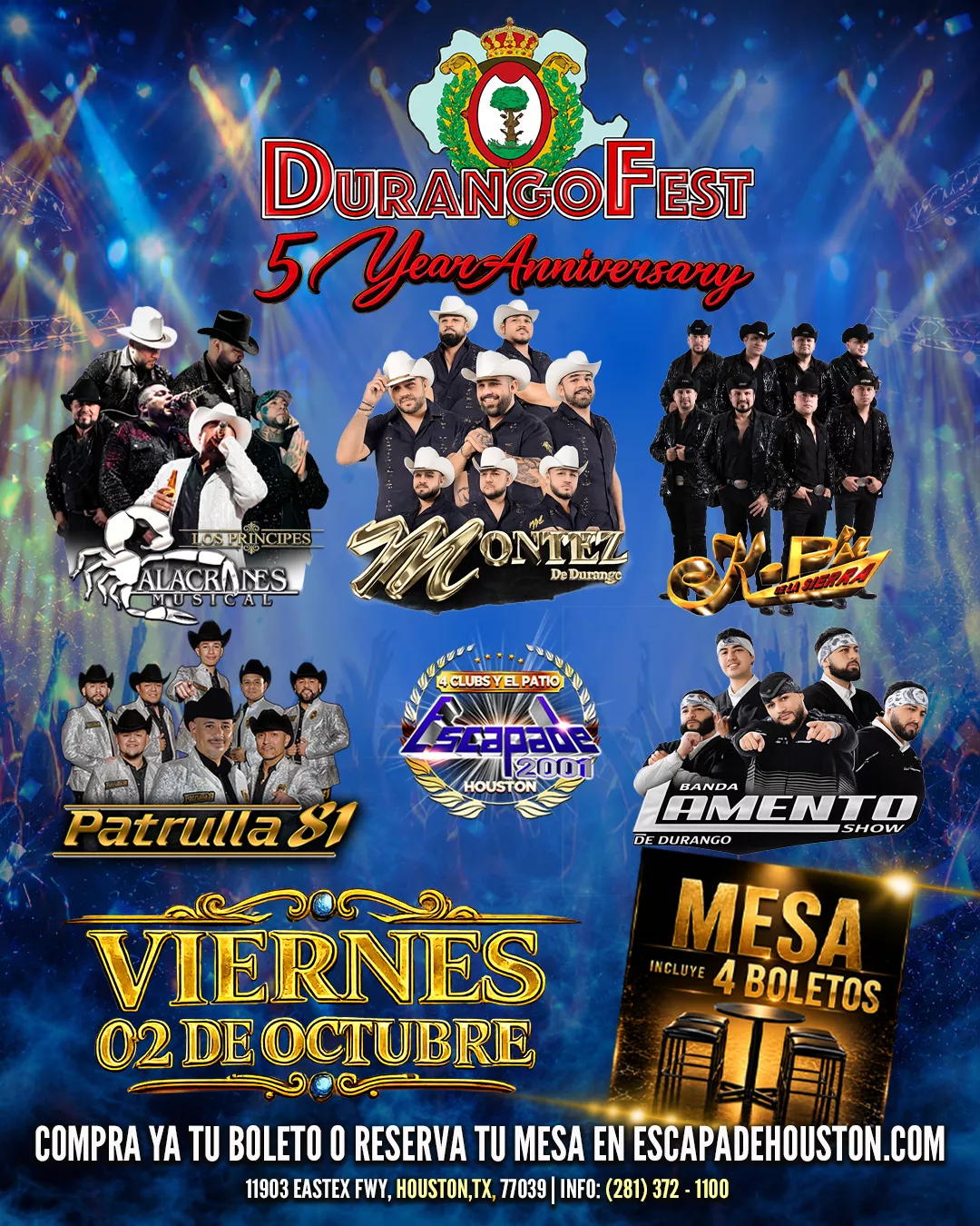 Evento Durango Fest en Houston con música duranguense en vivo en Escapade 2001.